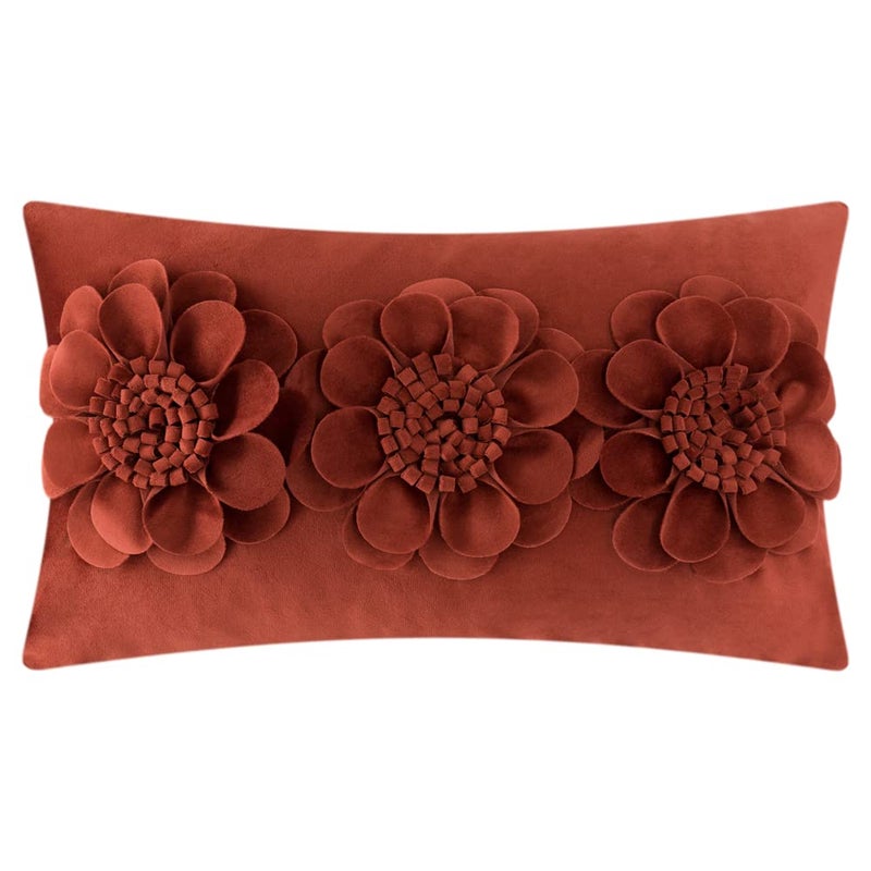 JWH 3D Flower Throw Pillow Cover Decorative Sunflower Accent Pillow Case Velvet Cushion Lumbar Floral Pillowcase for Bed Sofa Couch Living Room 12x20 Inches Rust Red - Image 1